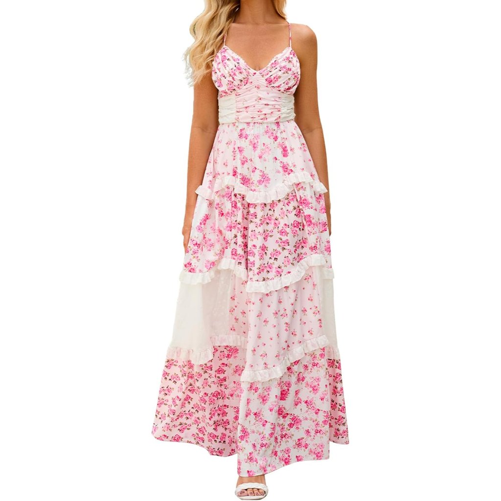 Women Floral Maxi Dress Spaghetti Straps V Neck Patchwork Flowy Boho Sundress Ti